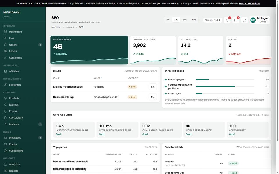 SEO, Meridian demo store.
