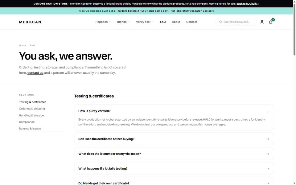 FAQ, Meridian demo store.