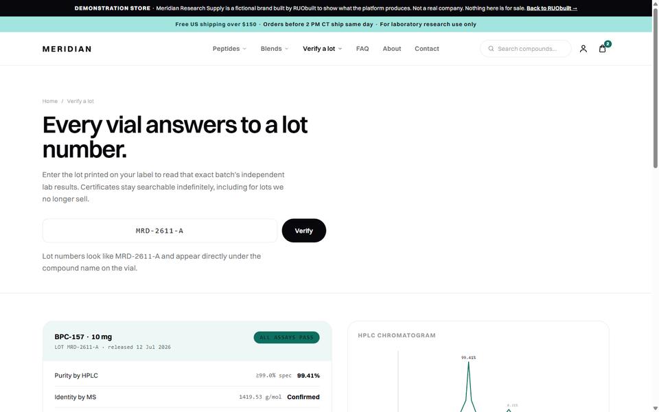 Verify a lot, Meridian demo store.